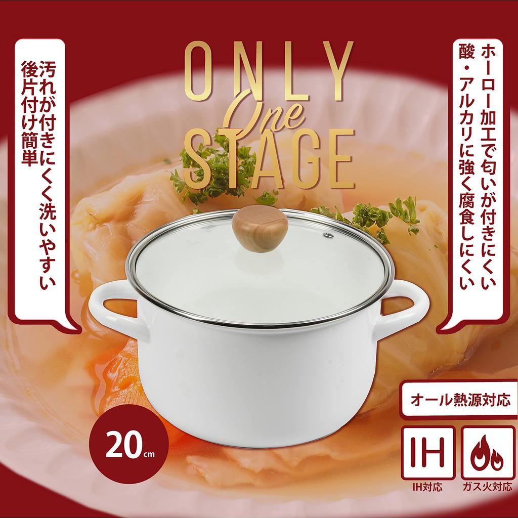 Pearl Metal Curry Pot 20cm Enamel with Glass Lid, IH Compatible, Only One Stage HB-6164