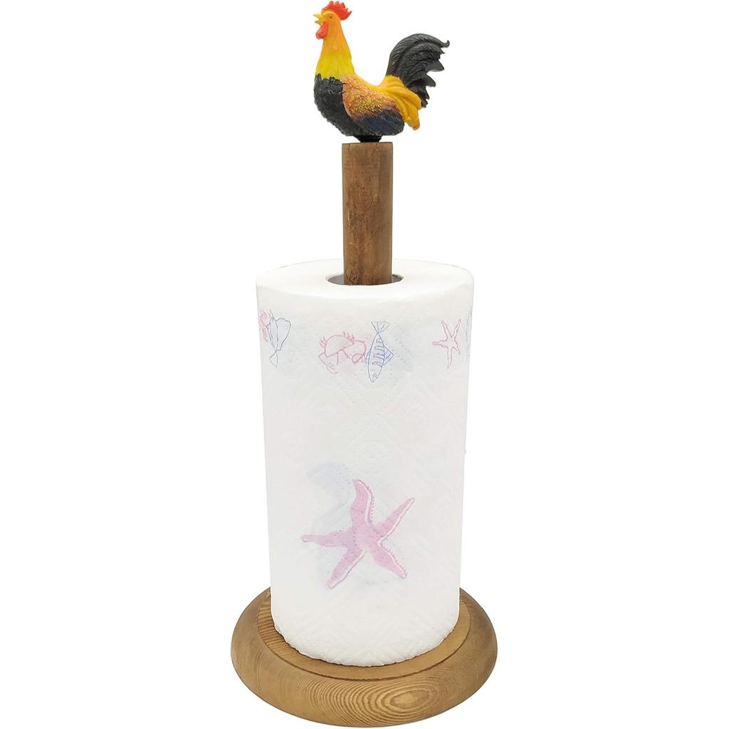 Rooster Design Rustic Brown Wood Paper Towel Holder Stand Up Paper Towel Holder, Easy One-Handed Tear Kitchen Paper Towel Dispenser with Weighted