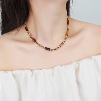 New Chinese Vintage Beaded Necklace for Women's New Instagram, Unique Design, Natural Tiger Eye Stone Collar Chain, Sweater Chain
