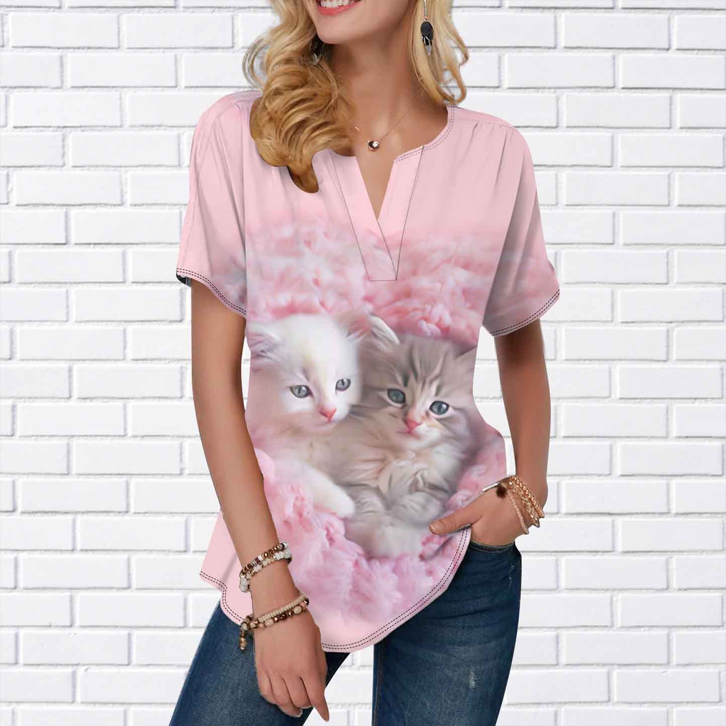 

Женская летняя футболка с розовым кошачьим гнездом и принтом с короткими рукавами, повседневные топы с принтом, маленький v-образный вырез с короткими рукавами 8XL розовый