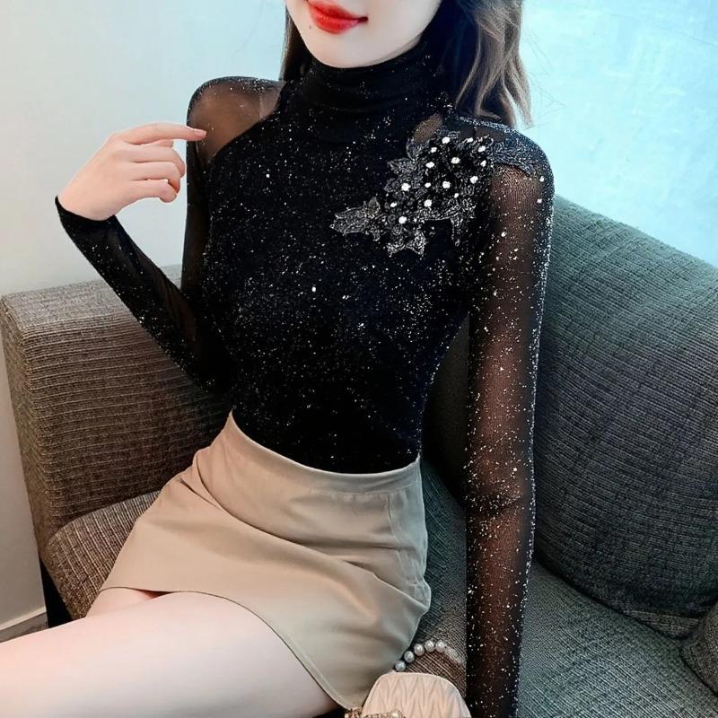 Women s Black Glitter Turtleneck Mesh Long Sleeve Top with Beaded Applique S чёрный