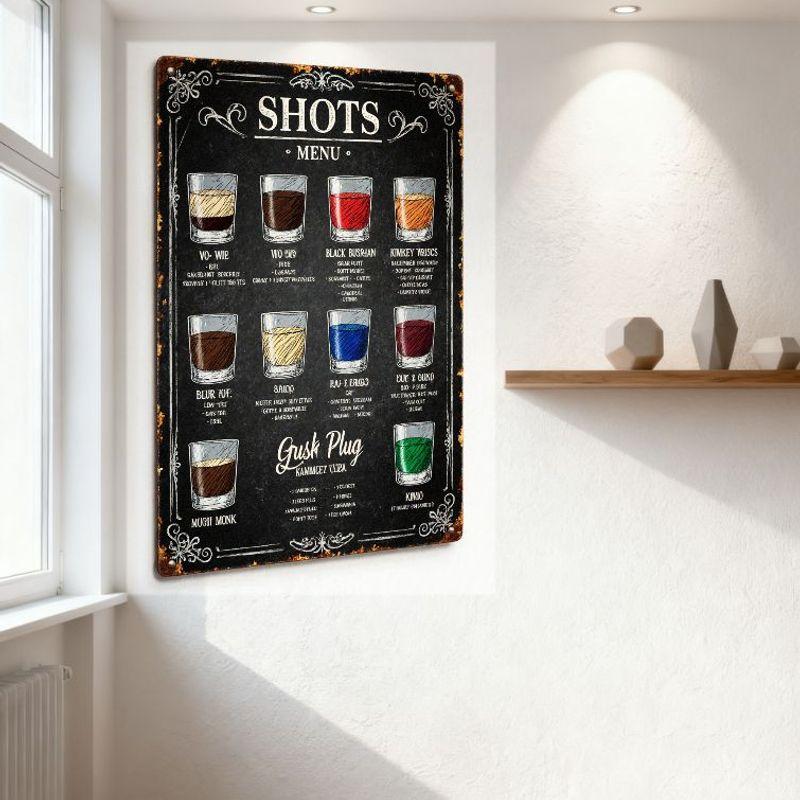 Vintage Metal Tin Sign Shots Menu with Shot Glasses & 'Gush Plug' Text - Retro Bar Tavern Decor for Home Man Cave Restaurant Clu