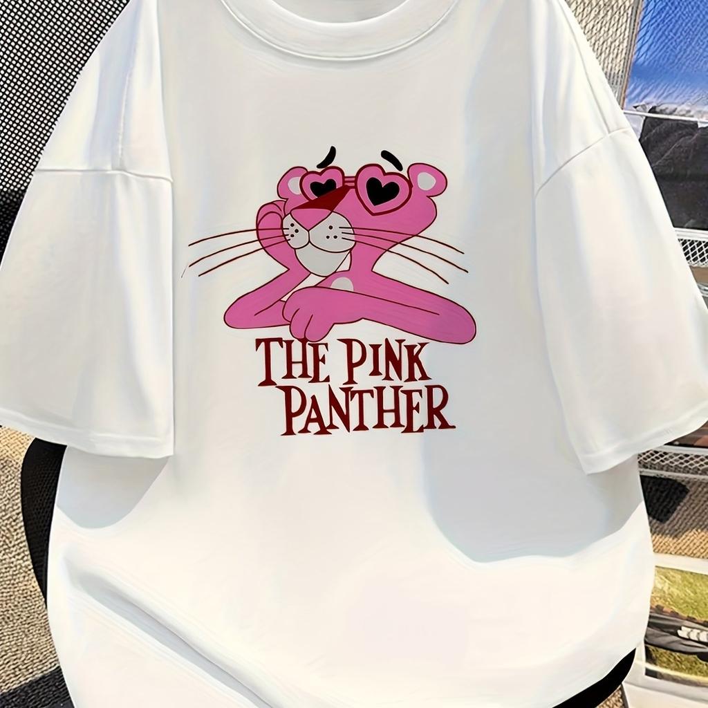 Sommar Ny Rosa Pantern T-shirt Y2K Mode Lös Casual Mångsidig Kortärmad Toppar Söt Rosa Pantern Kortärmad Toppar