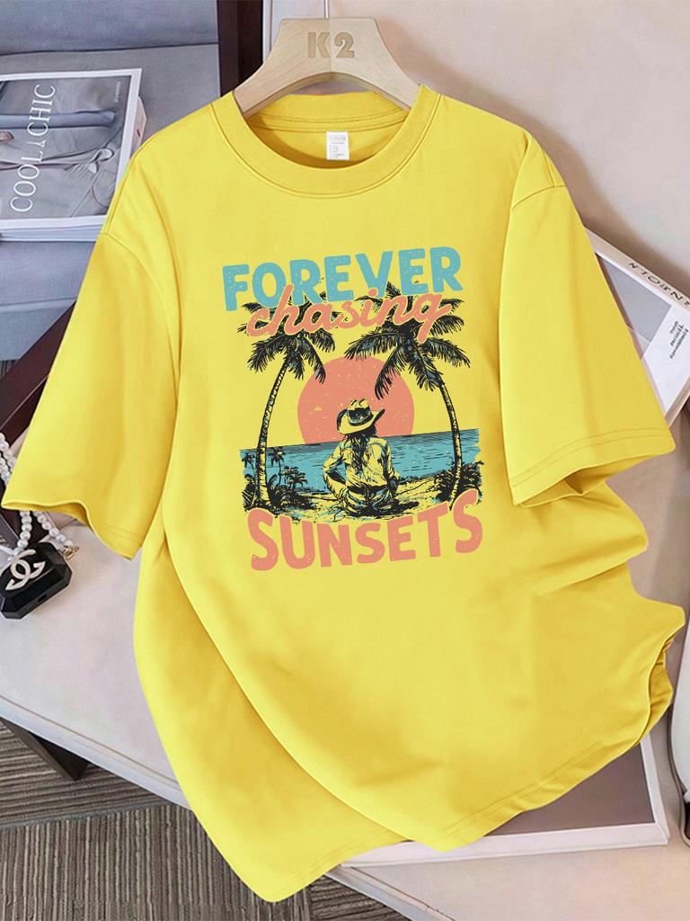 Summer T-Shirts Cotton Womens Forever Chasing Sunsets Cowgirl Printing Short Sleeve Comfortable Soft O-Neck Tops Basic Clothes
