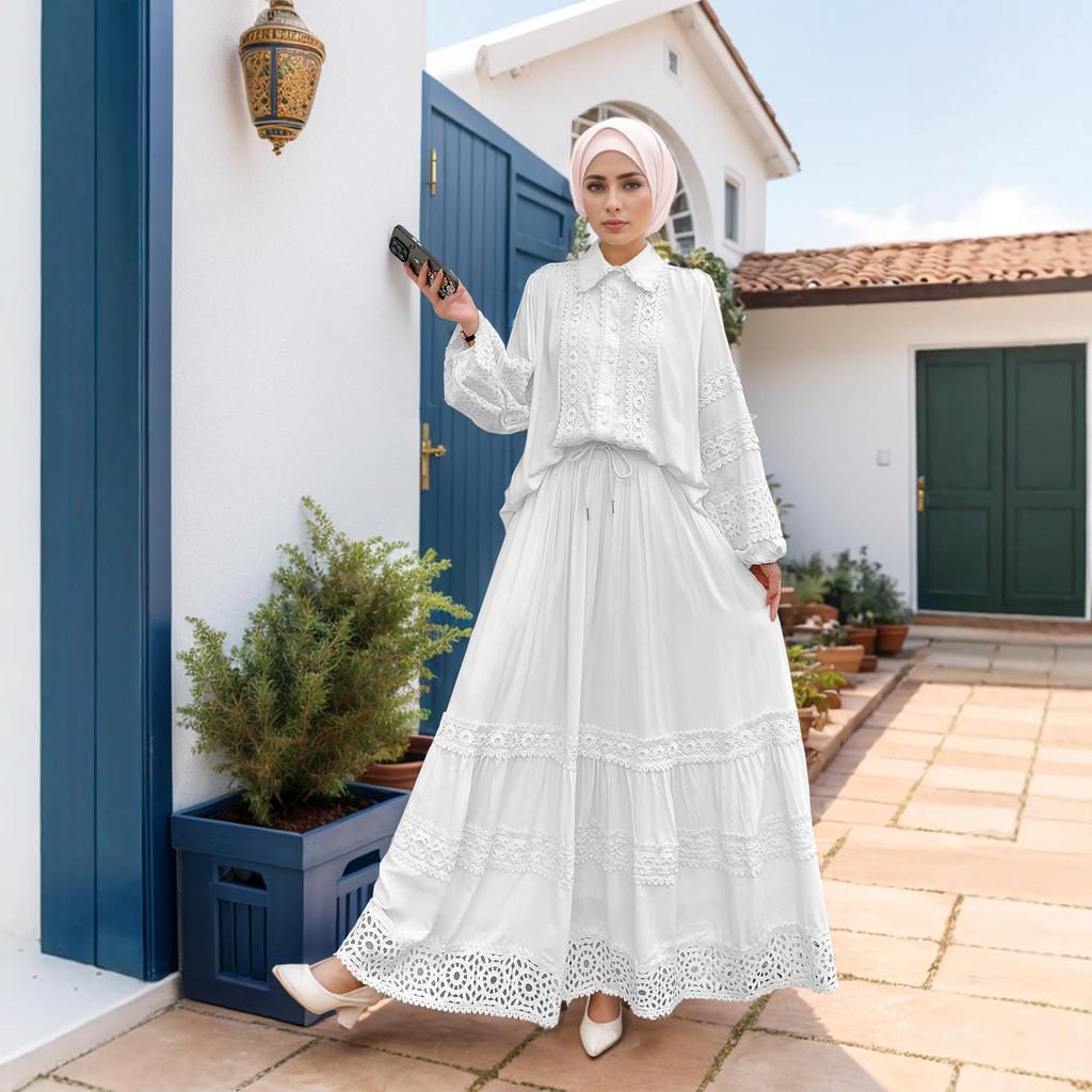 Damen Spitzen-Puffärmel-Oberteil & Schwingender Midi-Rock Set aus dem Nahen Osten