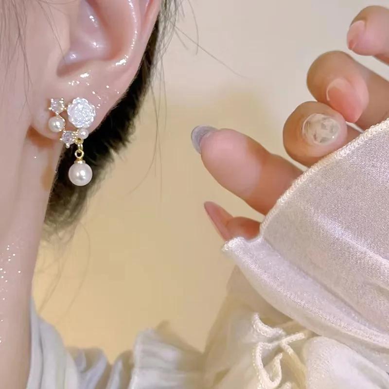 New White Camellia Zircon Pearl Drop Earrings for Women Fashionable Personalized Daily Accessory Party  Birthday Gifts