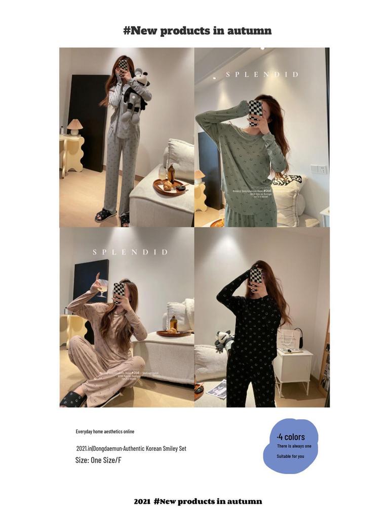 Women's Korean Smiley Face Cartoon Pajamas Set – Long-Sleeved Pullover & Trousers for Autumn/Winter