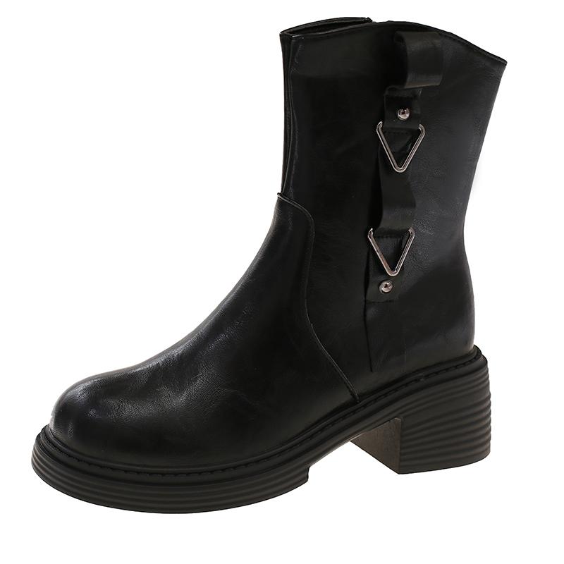 

2025 Women s Fashion Boots Round Toe Square Heel Side Zipper Two Wear Women Boots Retro All-match Spring and Autumn Single Boots 35 чёрный