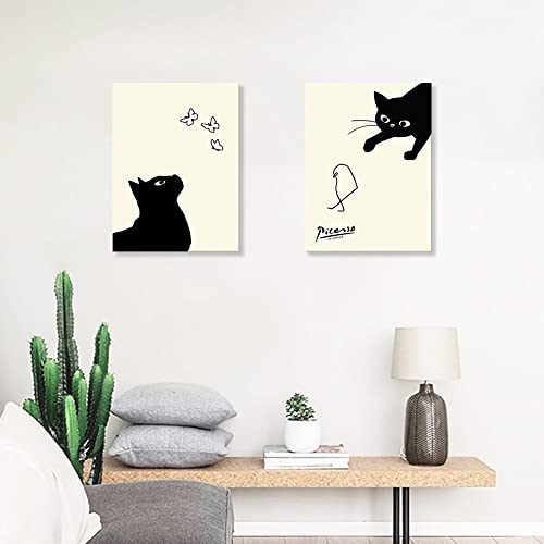 Picasso Katzen- und Kükenbilder, Set of 2, Kunsttafel, Katze fängt einen Vogel, Kunsttafel, Kunstrahmen, Modernes Poster, Dekoratives Gemälde, Leinwand, Dekorativ