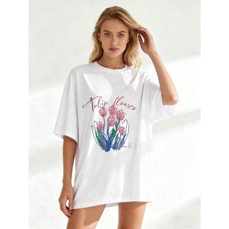 Oversized T Shirt Black Tulip Flower Romantic Print Casual Wear For Women Summer Outfit Streetwear Fashion Top