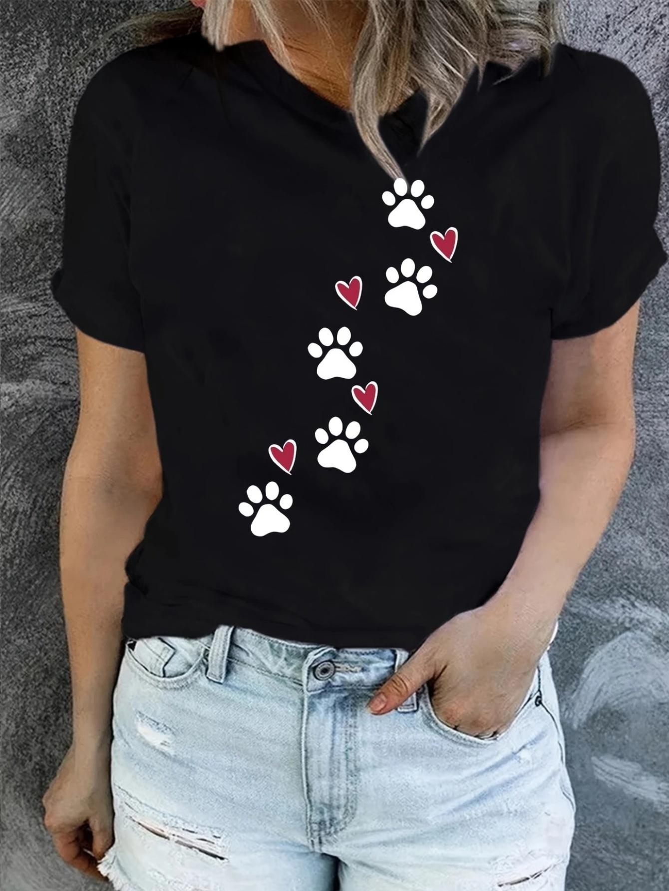 

Women S Printed T-Shirt Comfortable Fashion Casual Short Sleeve Round Neck Daily Wear Top S чёрный