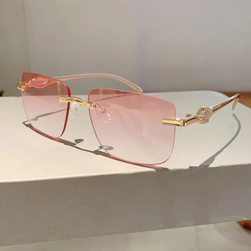 New Luxury Brand Designer Vintage Rimless Square Sunglasses Women For Men Sun Glasses Trend Punk Popular Gold Leopard Shades