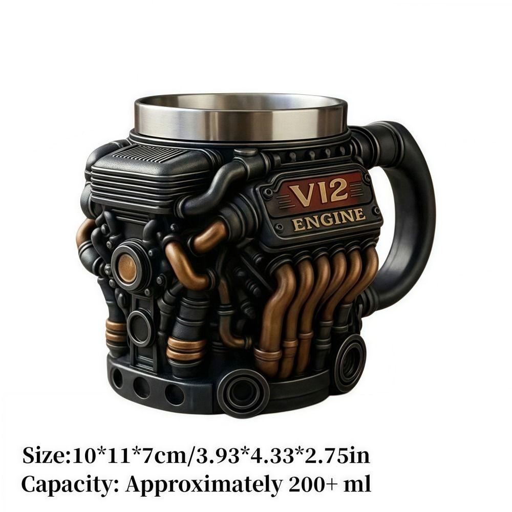 Taza de acero inoxidable con asa para motor V12, estilo retro, con aislamiento, ideal como regalo para hombres y niños.