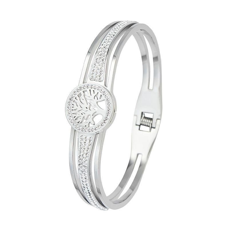 Hollow Tree Bracelet Full CZ Round Stainless Steel Color-preserving Jewelry,Women Men Gold-color Cubic Zircon No Fade Color