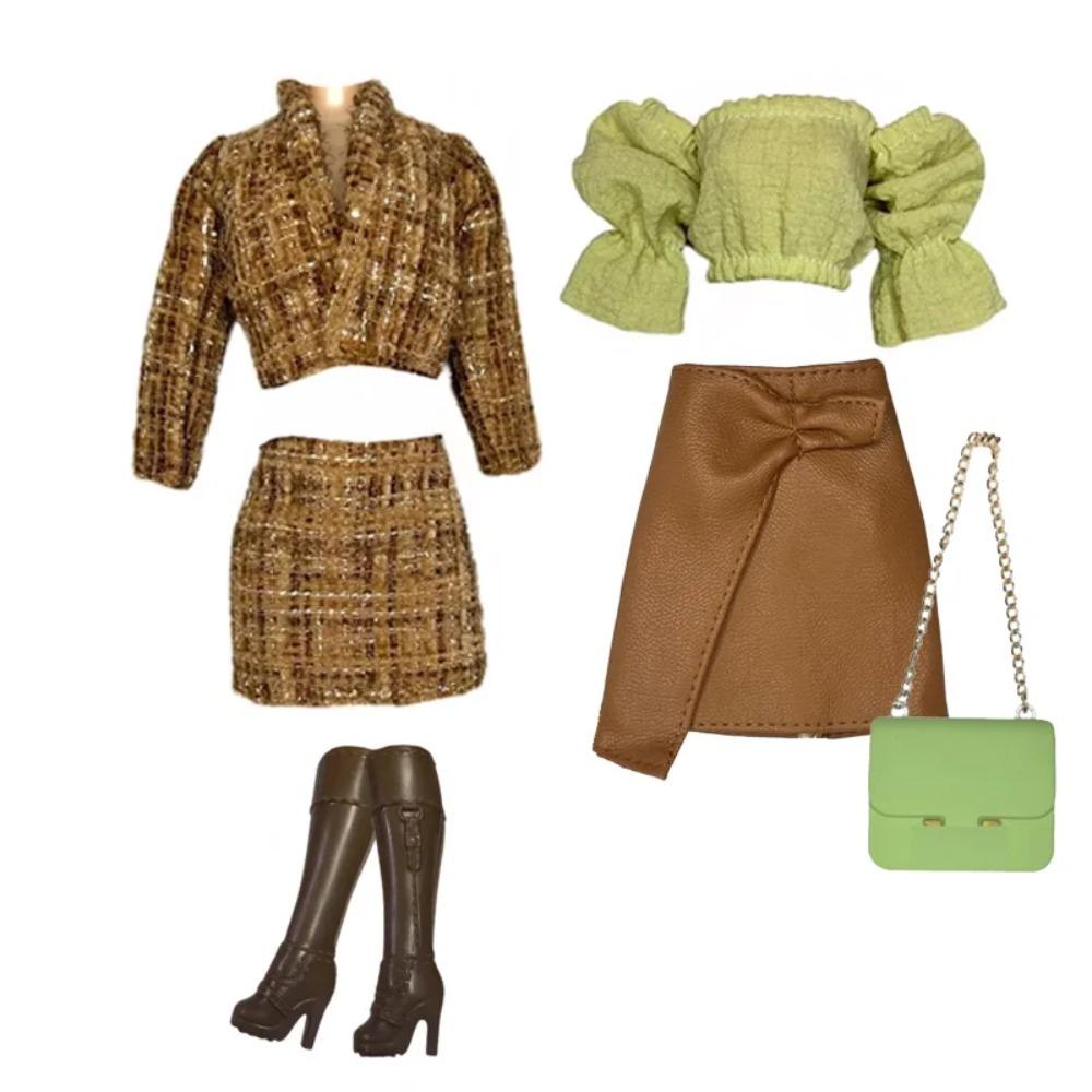 Elegantes Puppenoutfit für 1/6 Puppe Modepuppe Rosa Hahnentritt-Kleid Hut Goldener Gürtel Handtasche mit Schuhen Set