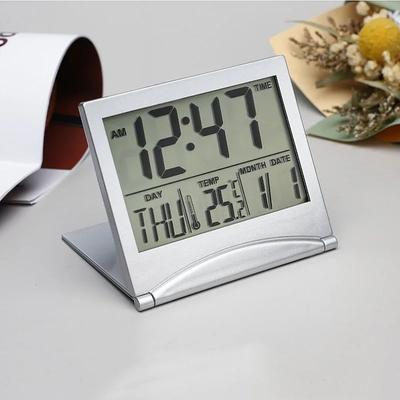 Foldable Mini Digital Alarm Clock TEMP Date Day of Week Countdown Snooze Table Clock 12/24H CR2025 Battery Powered LCD Clock