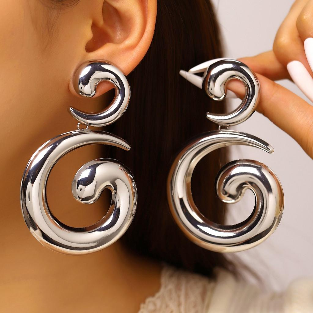 Double Spiral Swirl Drop Earrings Silver Tone Chunky Geometric Statement Earrings for Women
