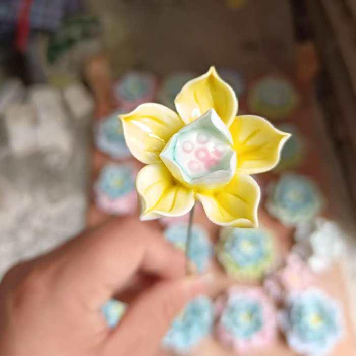 Handmade Ceramic Bouquet: Purple-Gold Lotus, Lily, Gardenia, Rose