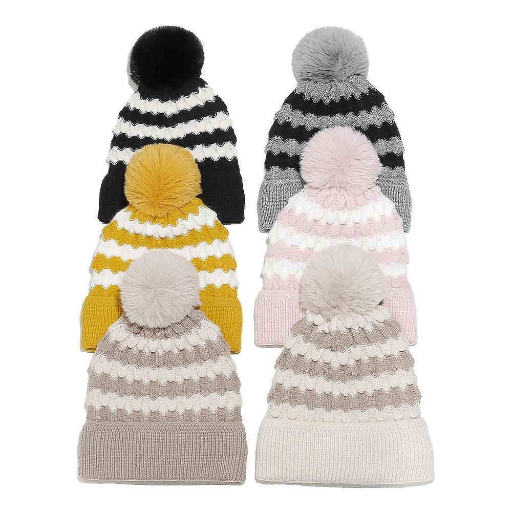ins Japanese Korean version trendy versatile wool hat outdoor ski hat pullover ear protector bubble striped knitted hat women