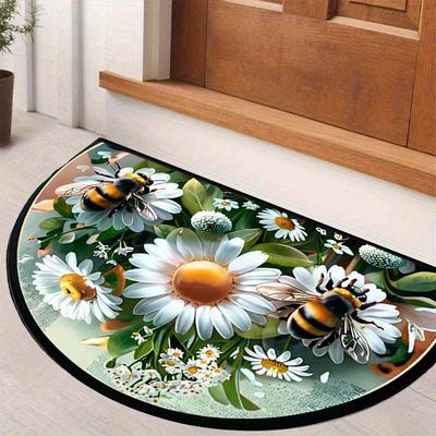 1 Stück Gänseblümchen und Bienen Aufdruck Halbkreis Willkommens-Fußmatte Rutschfest für Außenbereich Terrasse Veranda Küche Badezimmer Eingangsbereich Bodenmatte