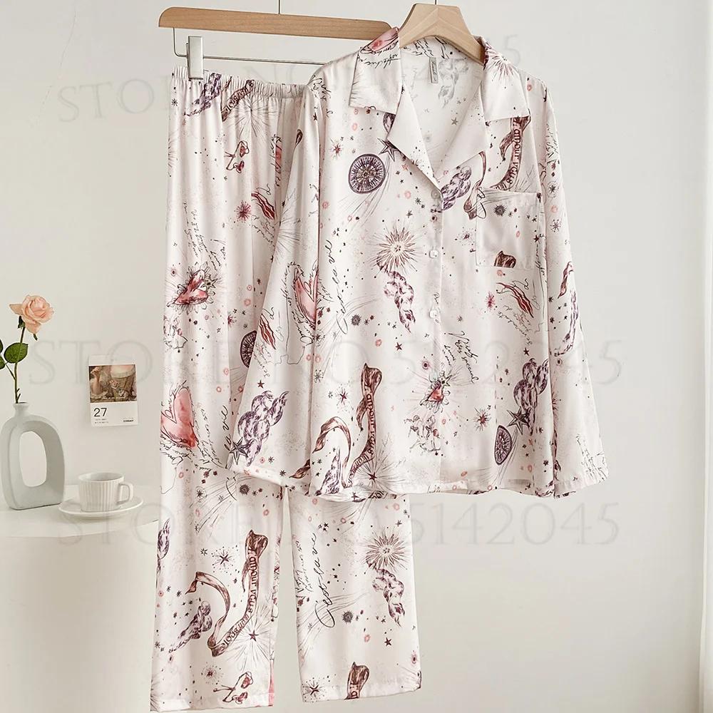 Printed Satin Pajamas Women's 2-piece Pajama Set Long-sleeved Trousers Pajama Set Loose Casual Home Wear Pajamas Casual Wear