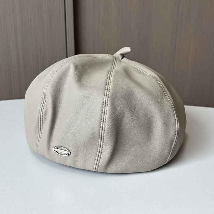 PU octagonal hat women's autumn and winter new beret designer niche retro solid color leather bud hat