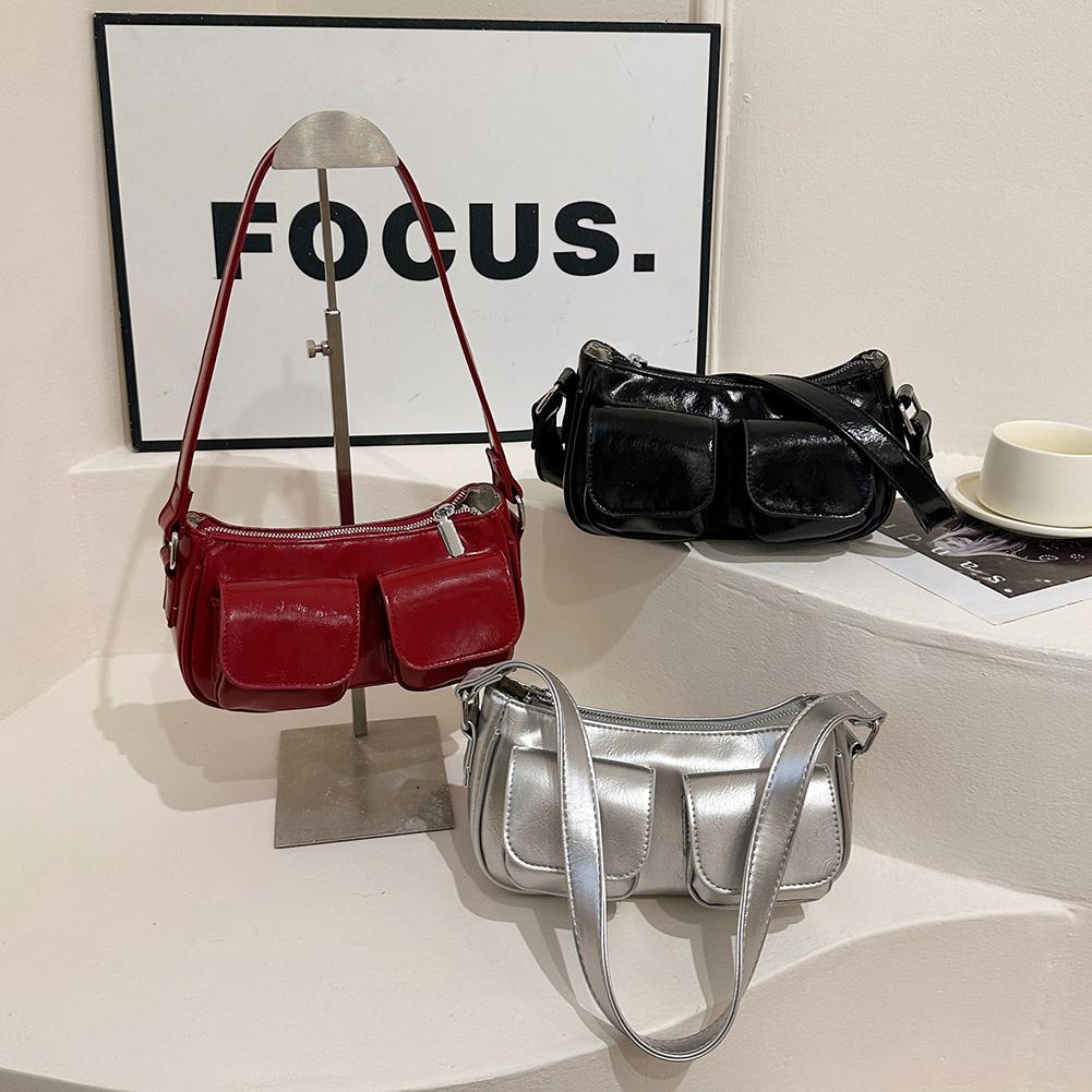 Retro Underarm Bag Double Pockets PU Leather Shopping Bag Fashion Solid Designer Armpit Bag Zipper Portable Ladies Chic Hobo Bag