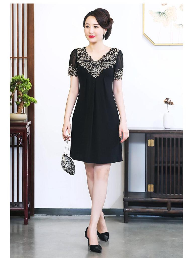2024 Summer Chiffon Embroidered Dress: Mid-Length, Solid Color, Short-Sleeved, A-Line for Middle-Aged Women