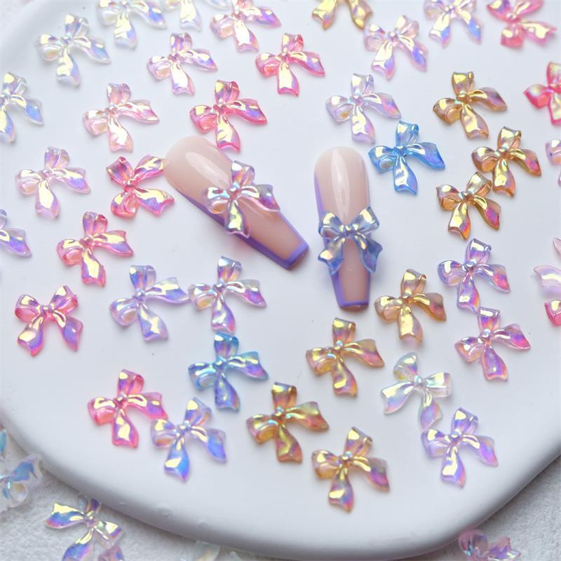 50Pcs/Bag 3D Bowknot Nail Art Decoration Colorful Aurora Super Fairy Bow Nail Art Charms Girl Diy  Manicure Accessories