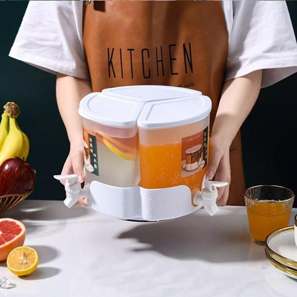 Multifunktionaler Getränkespender mit 3 Fächern, um 360 Grad drehbare Trennwand, Kaltwasserkessel mit Wasserhahn, Kühlschrank-Getränkebehälter, Wasserkrug-Set