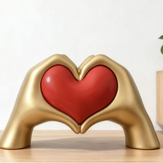 Heart Hand Sculpture Gold Resin Love Hands Heart Statue with Red Heart for Living Room Bedroom Office Coffee Table Desk Wedding Party Decor