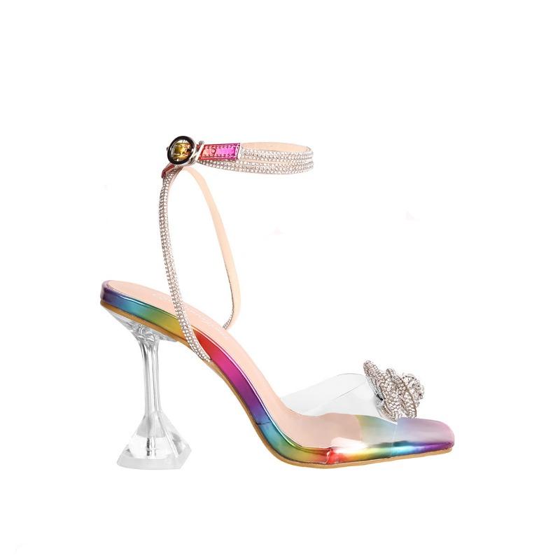 Water Diamond Shoes High-heeled Sandals Women's Plus-size Square-toed Fashion Slippers