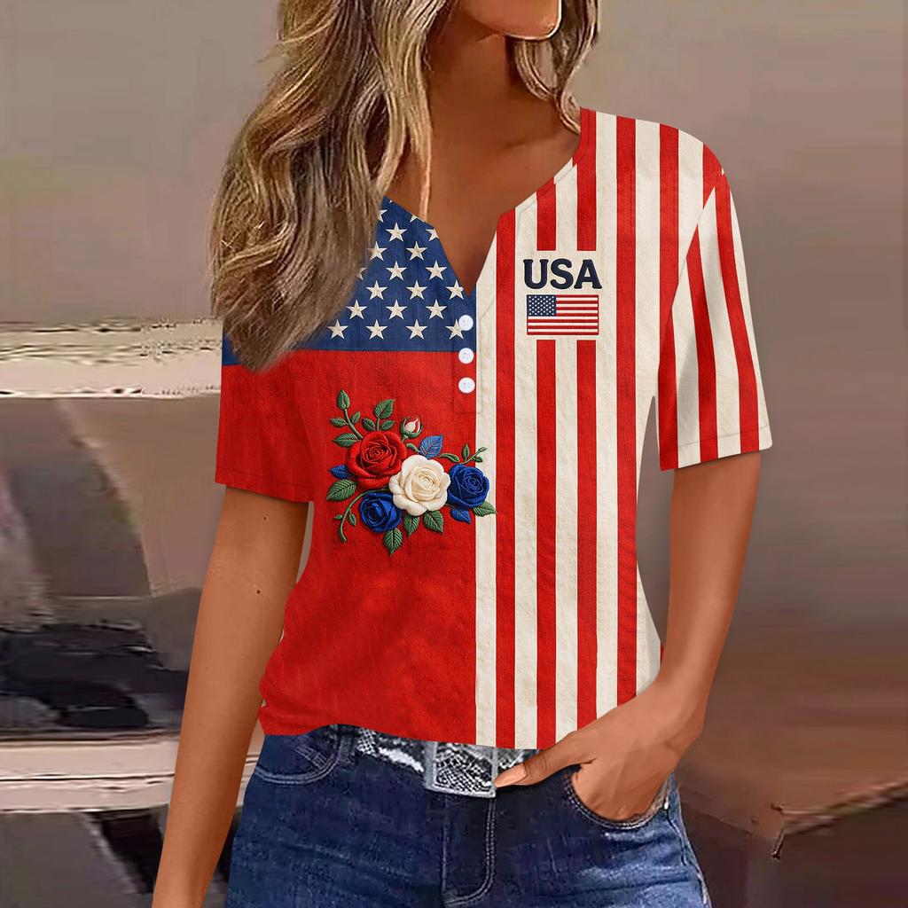 Women's Fashion Casual Independence Day Print V-Neck Short Sleeve Button-Up T-Shirt Top