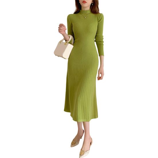 Women's Knitted A-Line Dress Half High Neck Long Sleeve Knee-Length Dress Winter Ribbed Sweater Dress Ladies Office Outfit