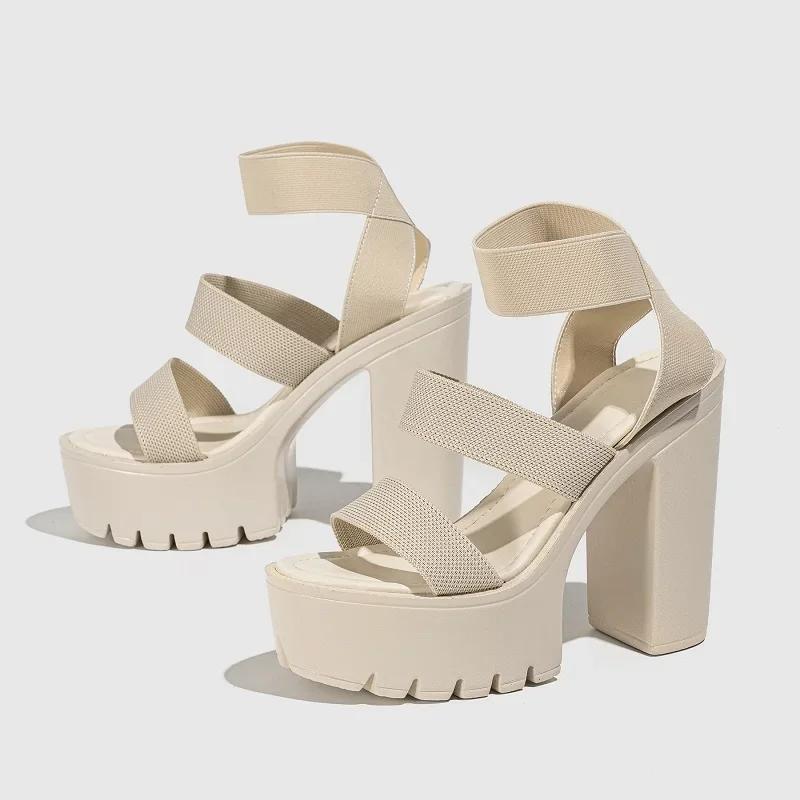 Fashion Eilyken Summer Fashion Solid Platform Square High Heels Women Sandals Open Toe Narrow Band Casual Shoes Zapatillas De Mujer