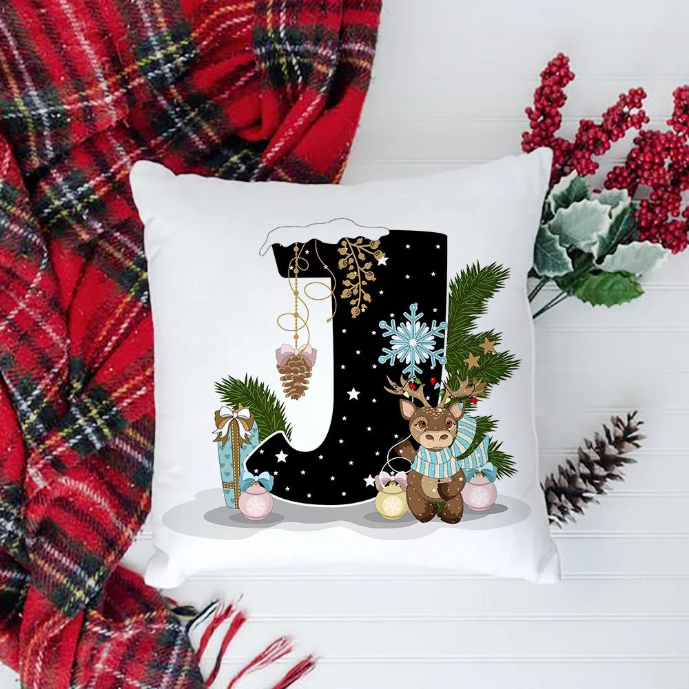 Christmas Cushion Cover Alphabet A-Z Pillow Covers Cute Cartoon Santa Claus Cushion Cover Pillowcases Home Xmas Decoration