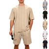Men's Solid Color Jacquard Summer Casual Sportswear Set - Round Neck Pullover & Shorts