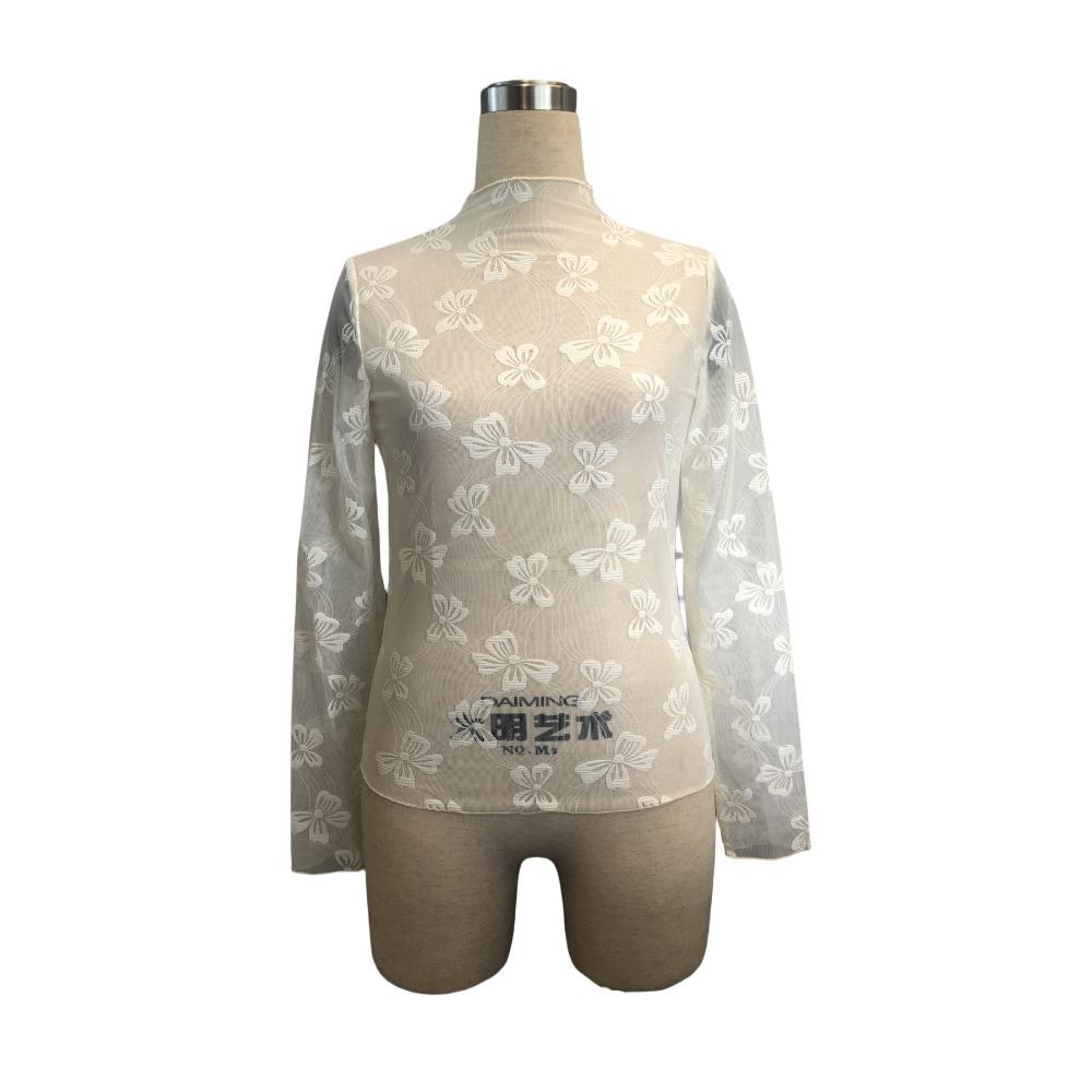 Spring Ladies Butterfly Jacquard Mesh Slim Small Standing Collar Long Sleeve T-Shirt
