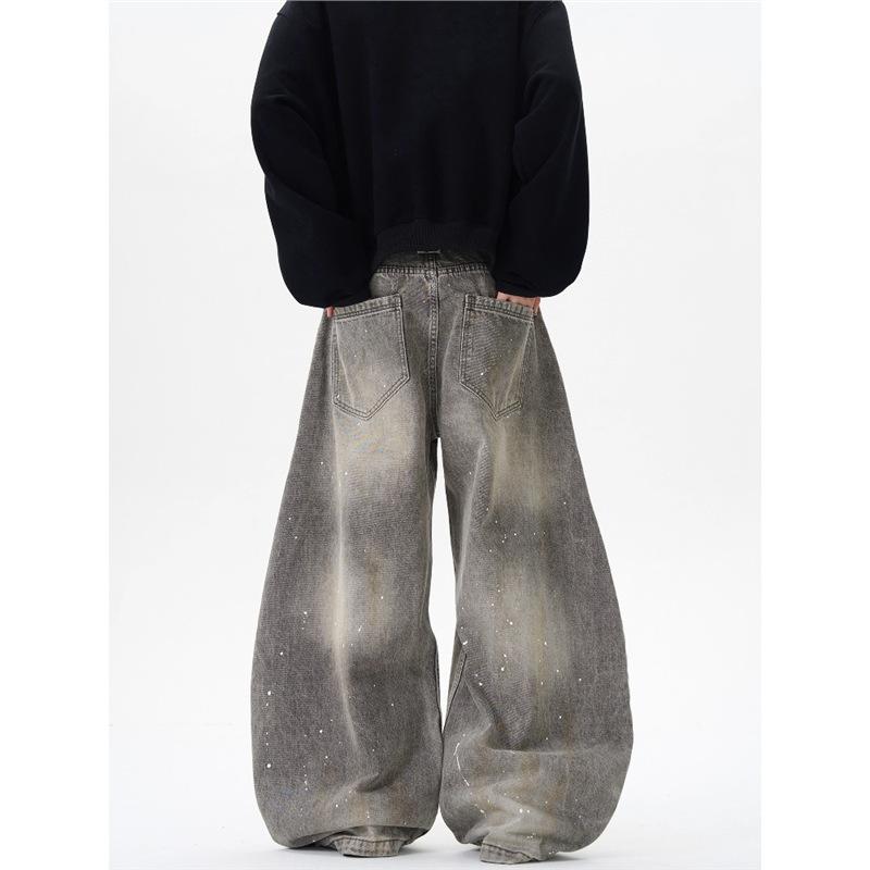 Design Sense Retro Washed Old Gray Ink Splashing Scimitar Jeans Men's and Women's Trendy Brand American Street Loose Pants