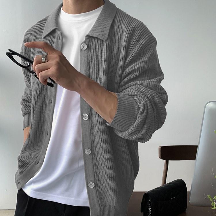 Men's Trendy Dark Green Knit Lapel Cardigan Sweater - Korean Style Autumn Casual Wear