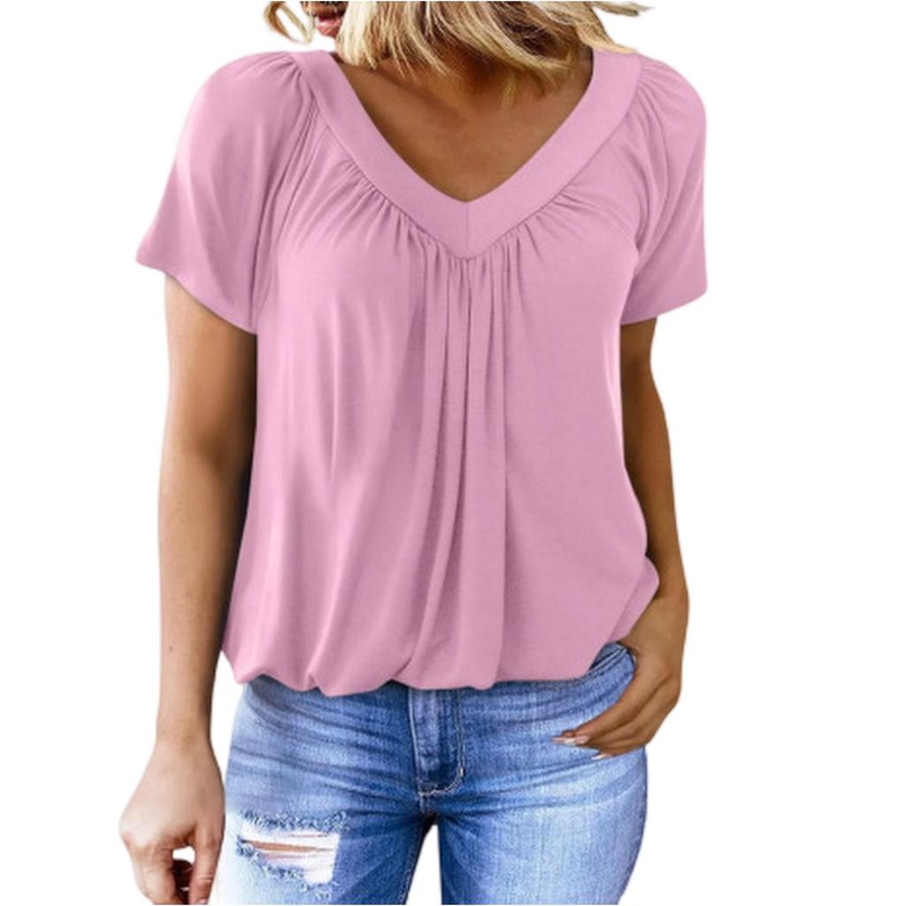 Damen Freizeit Farbe V-Ausschnitt Falten Kurzarm Top V-Ausschnitt Falten Kurzarm Top