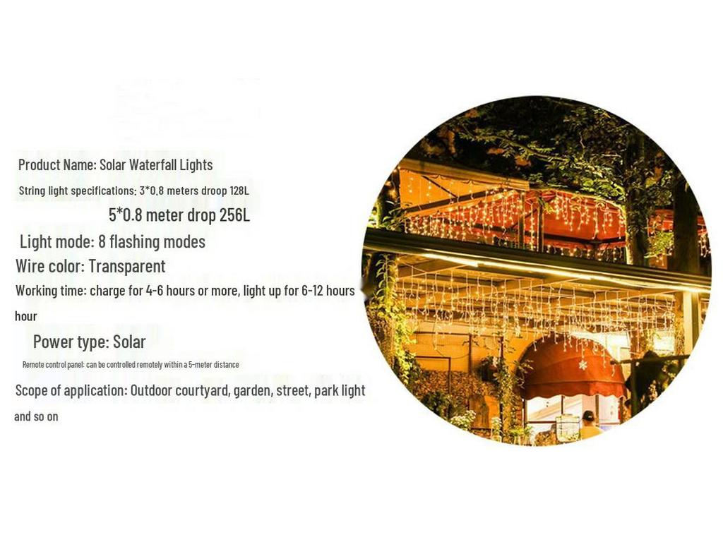 Solar LED Color Waterfall Curtain Lights - Outdoor Waterproof Decorative Christmas Icicle Lights