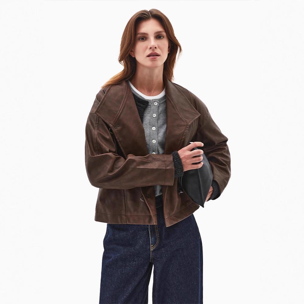 

Women s American Style Leather Jacket - 2025 Autumn/Winter Collection, Street Trend, High Street Personality, Retro Outerwear Large темно-коричневого