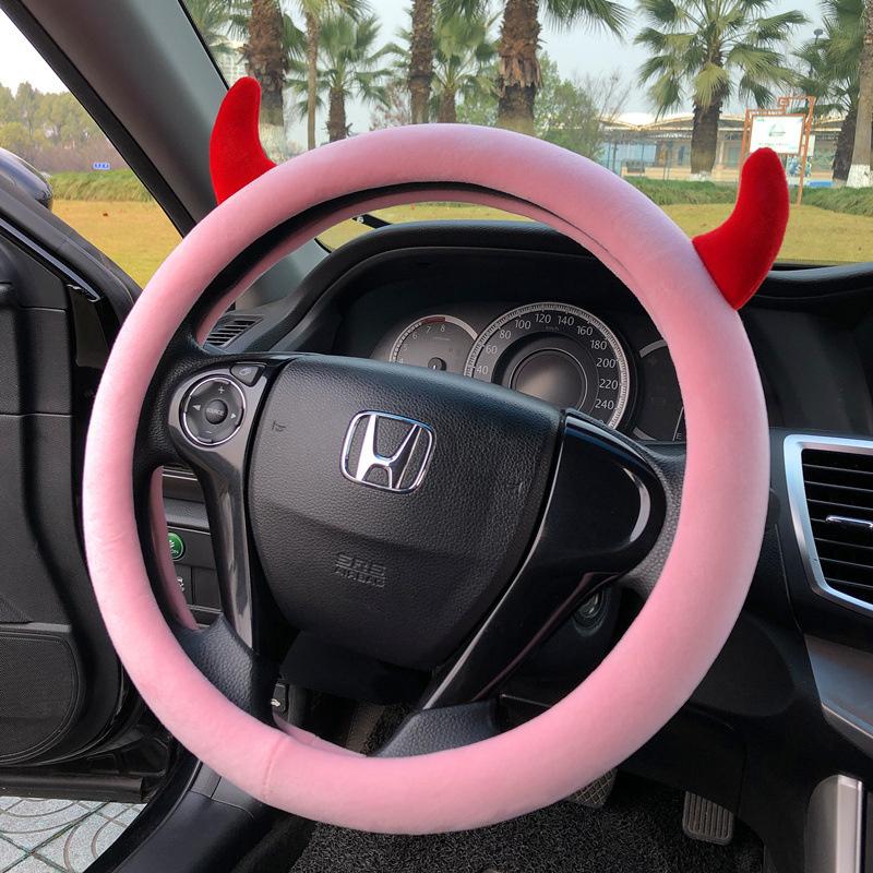 Short Plush Steering Wheel Cover Kawaii Winter Warm Car Handle Cover Anti-skid Cartoon Cute Cat Ear Steering Cover Pink Gift