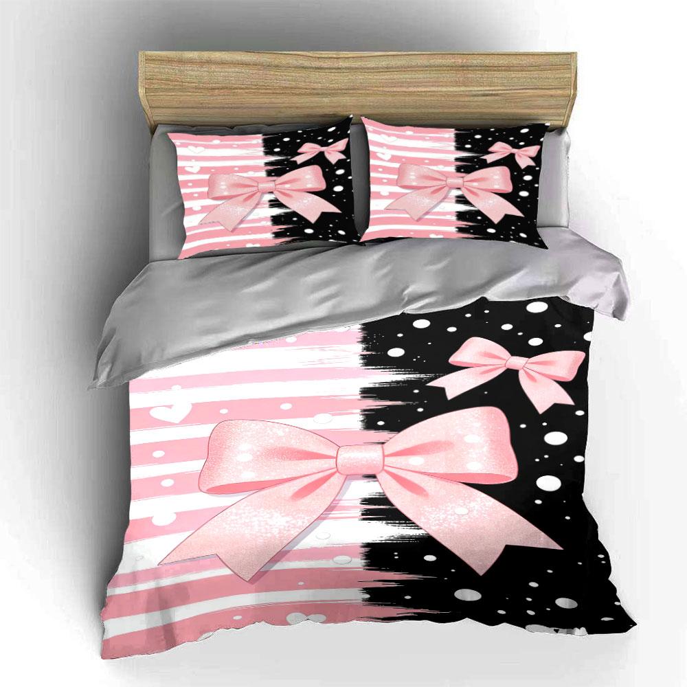 Pink Bows, Stripes, Dots. Bedding Sets Duvet Cover Sets Duvet Covers Pillowcases(1 * Duvet Cover 2 * Pillowcases, Without Duvet Insert)