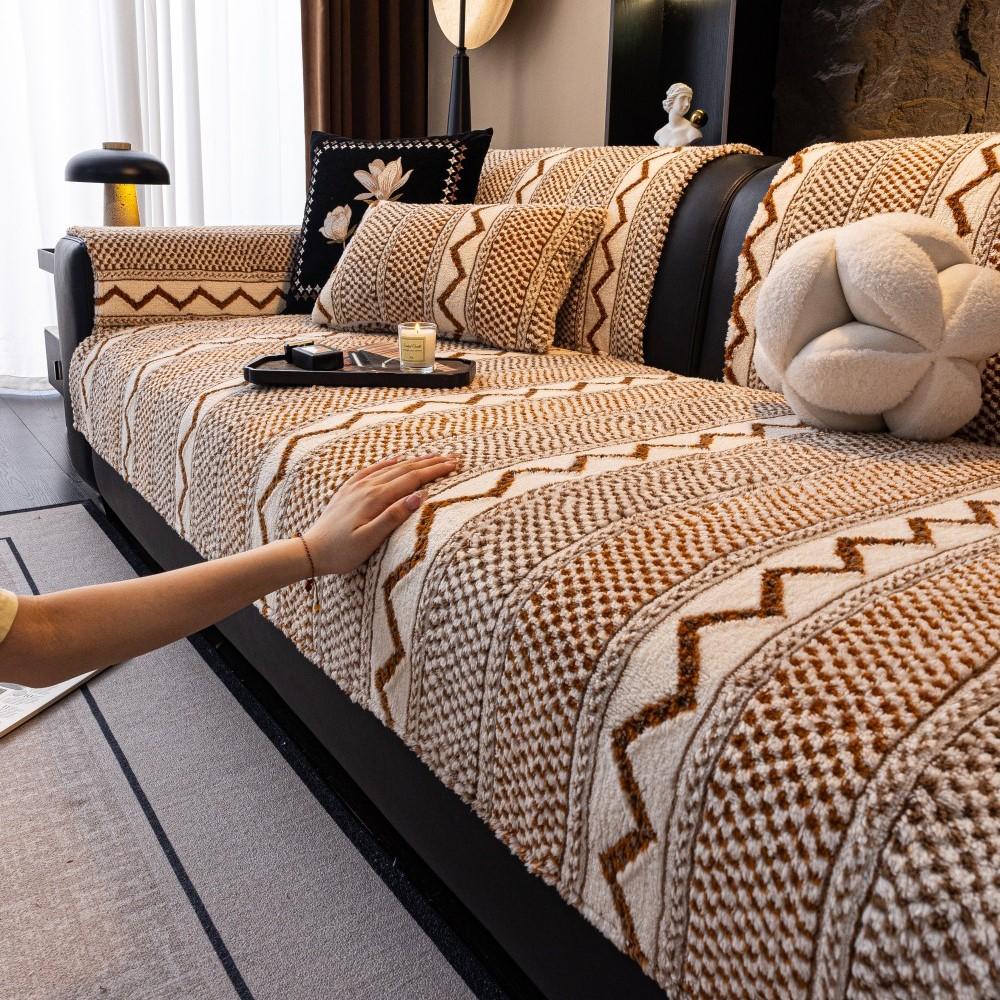Coral Fleece Sofa Cushion One-Piece Non-Slip Washable Seat Pad Leather Couch Premium Striped Sofa Cover Cushion Sofa Armrest