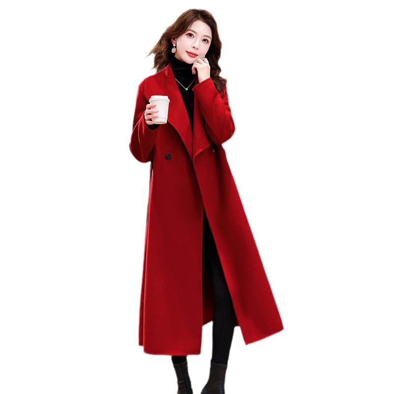 Red Double-sided Wool Coat Women's Extended Autumn and Winter New Wedding Thin Temperament Wool Coat