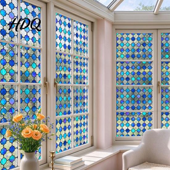 Decorative Window Film for Privacy Stained Glass Film Retro Geometric Plaid Static Cling Decal Double Removable PVC Cover Sided Sticker Doors