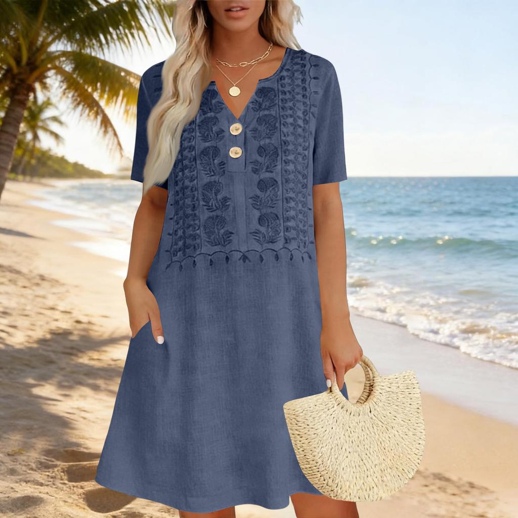 Women Casual Loose Fit Short Sleeve Dress Embroidered Front Button Detail Lightweight Summer Dress with Pockets