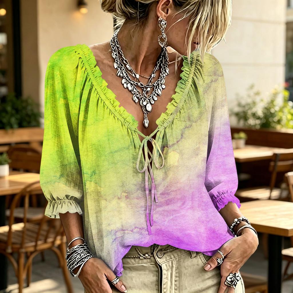 Women's V-Neck Plaid Print Blouse with Ruffle Trim and Tie Front